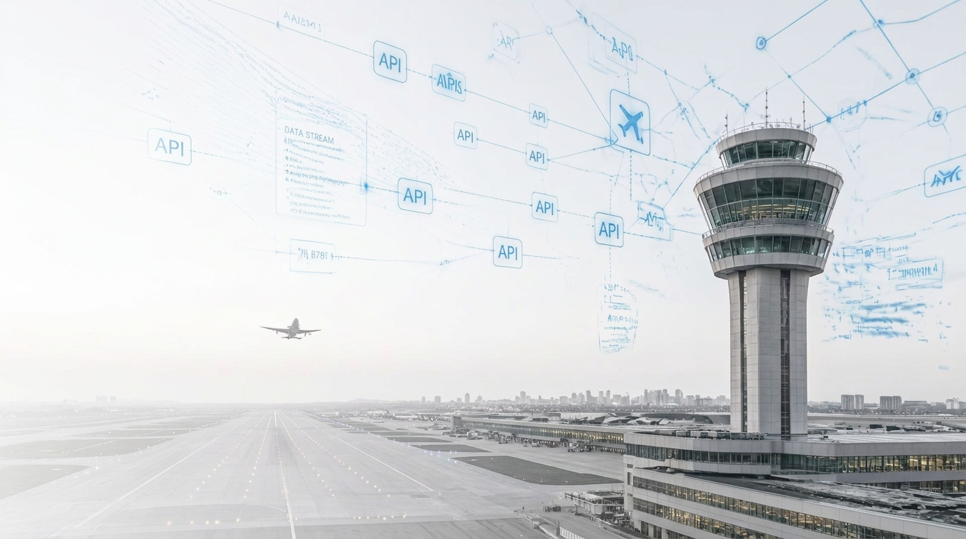 Aviation control tower with API data streams in daylight